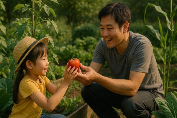 家庭菜園を楽しむ父と娘