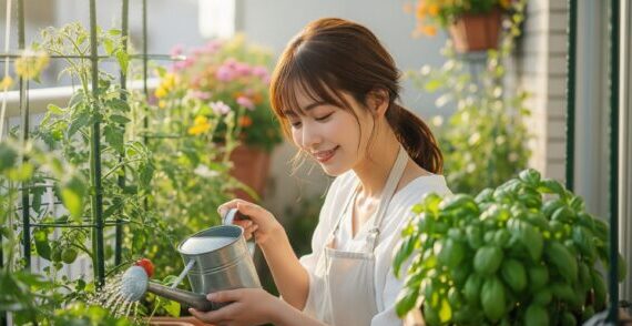 プランターへ水をあげる女性